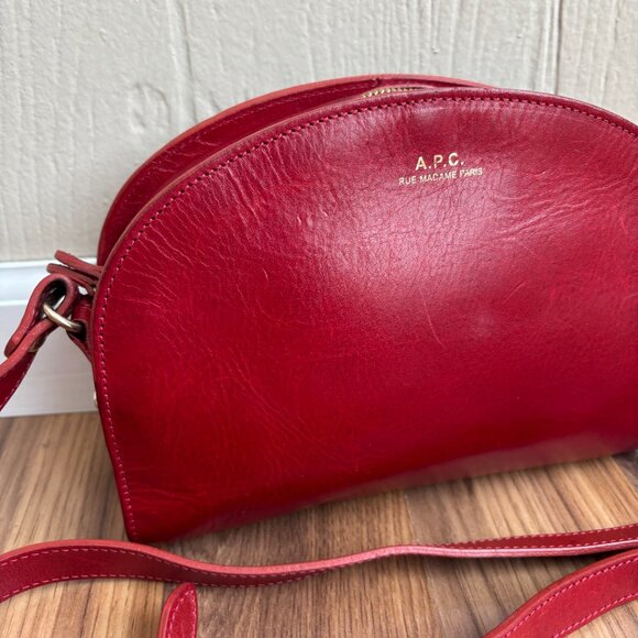 A.P.C. Demi-lune Leather Burgundy Bordeaux Red Crossbody Bag Purse - Picture 2 of 14